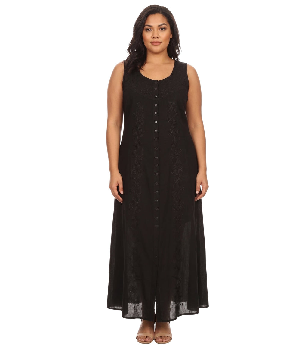 Sakkas Maya Floral Embroidered Sleeveless Button Up Rayon Dress