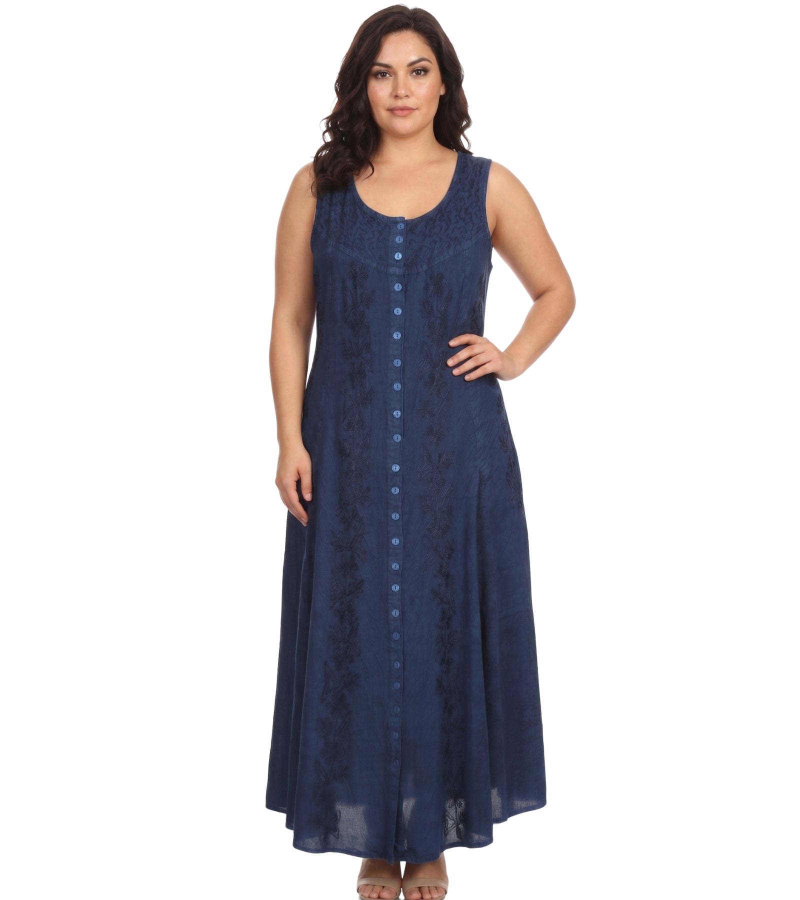Sakkas Maya Floral Embroidered Sleeveless Button Up Rayon Dress