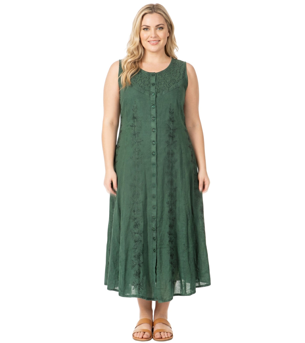 Sakkas Maya Floral Embroidered Sleeveless Button Up Rayon Dress