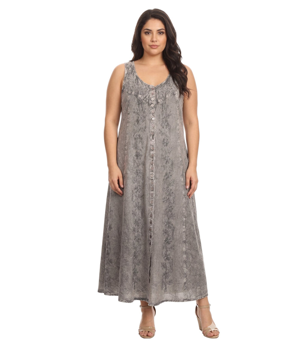 Sakkas Maya Floral Embroidered Sleeveless Button Up Rayon Dress