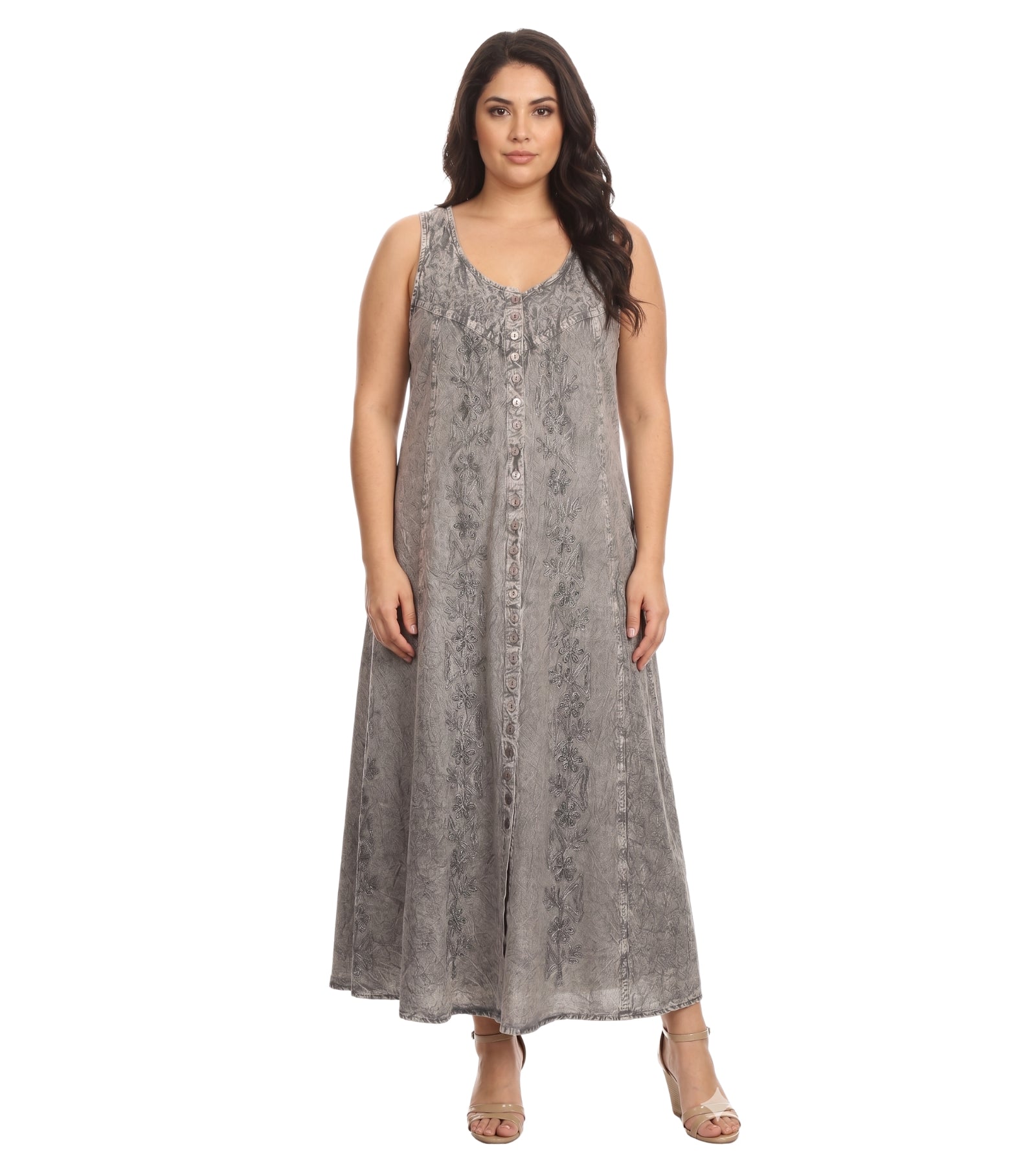 Sakkas Maya Floral Embroidered Sleeveless Button Up Rayon Dress