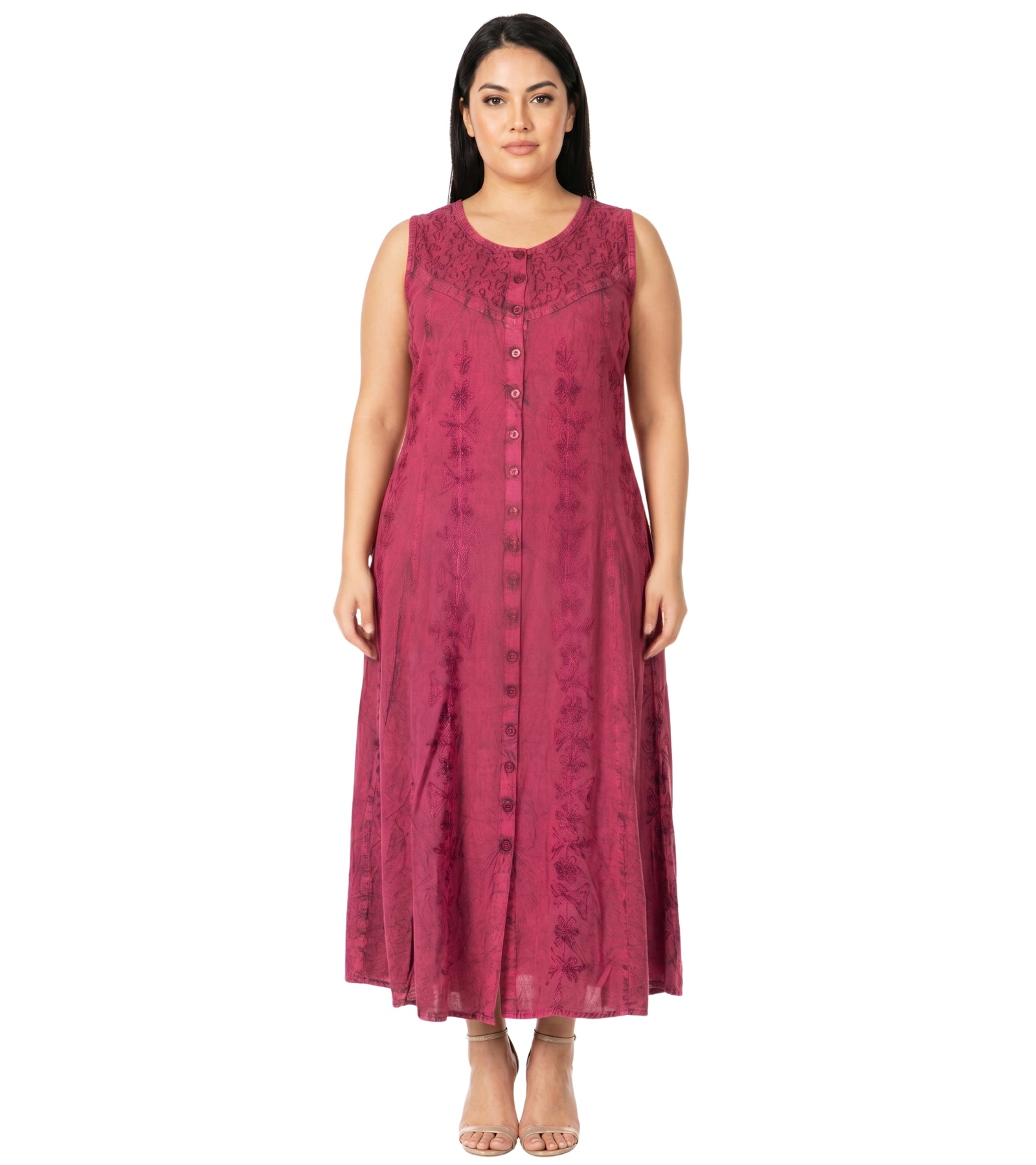 Sakkas Maya Floral Embroidered Sleeveless Button Up Rayon Dress