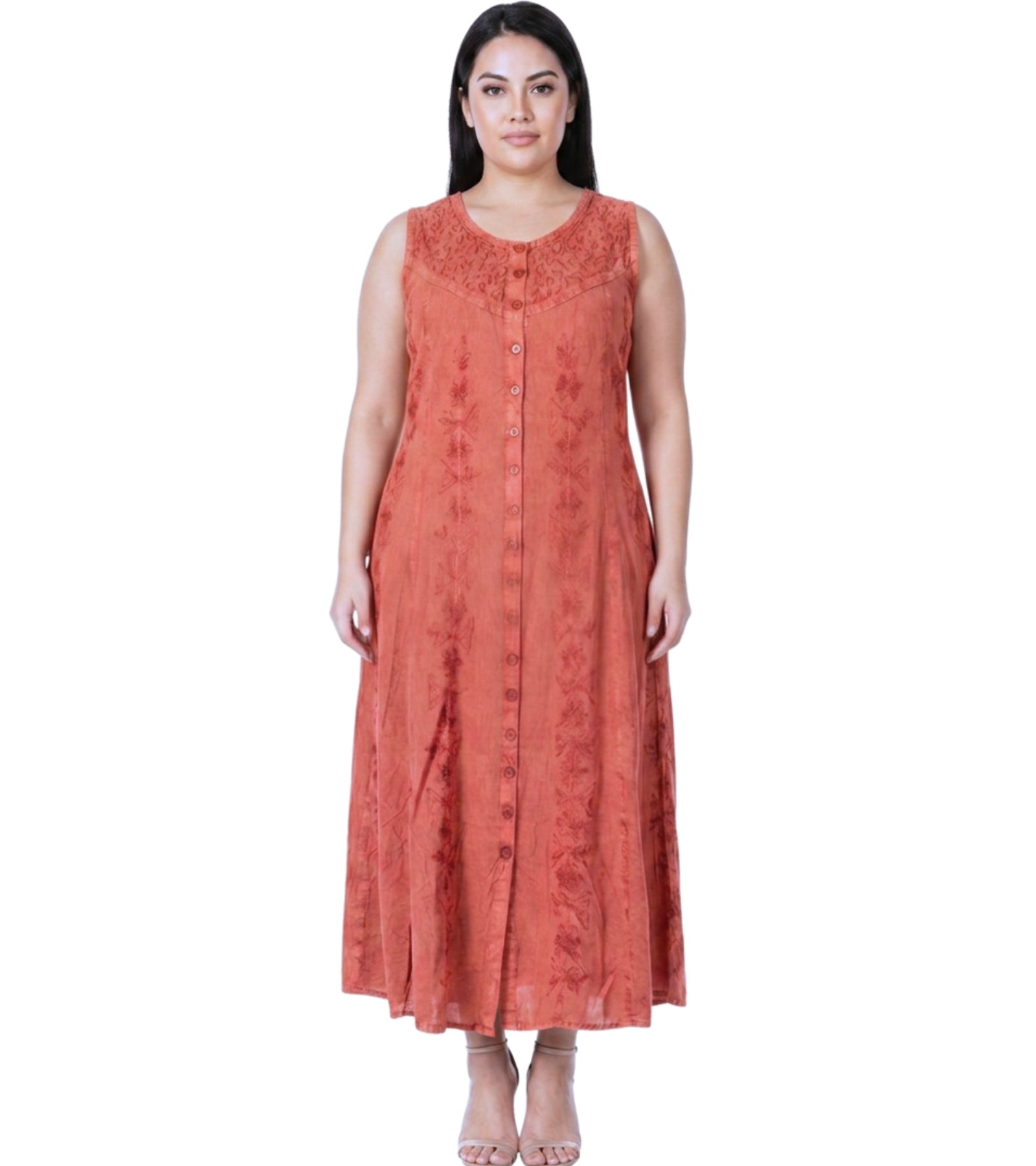 Sakkas Maya Floral Embroidered Sleeveless Button Up Rayon Dress