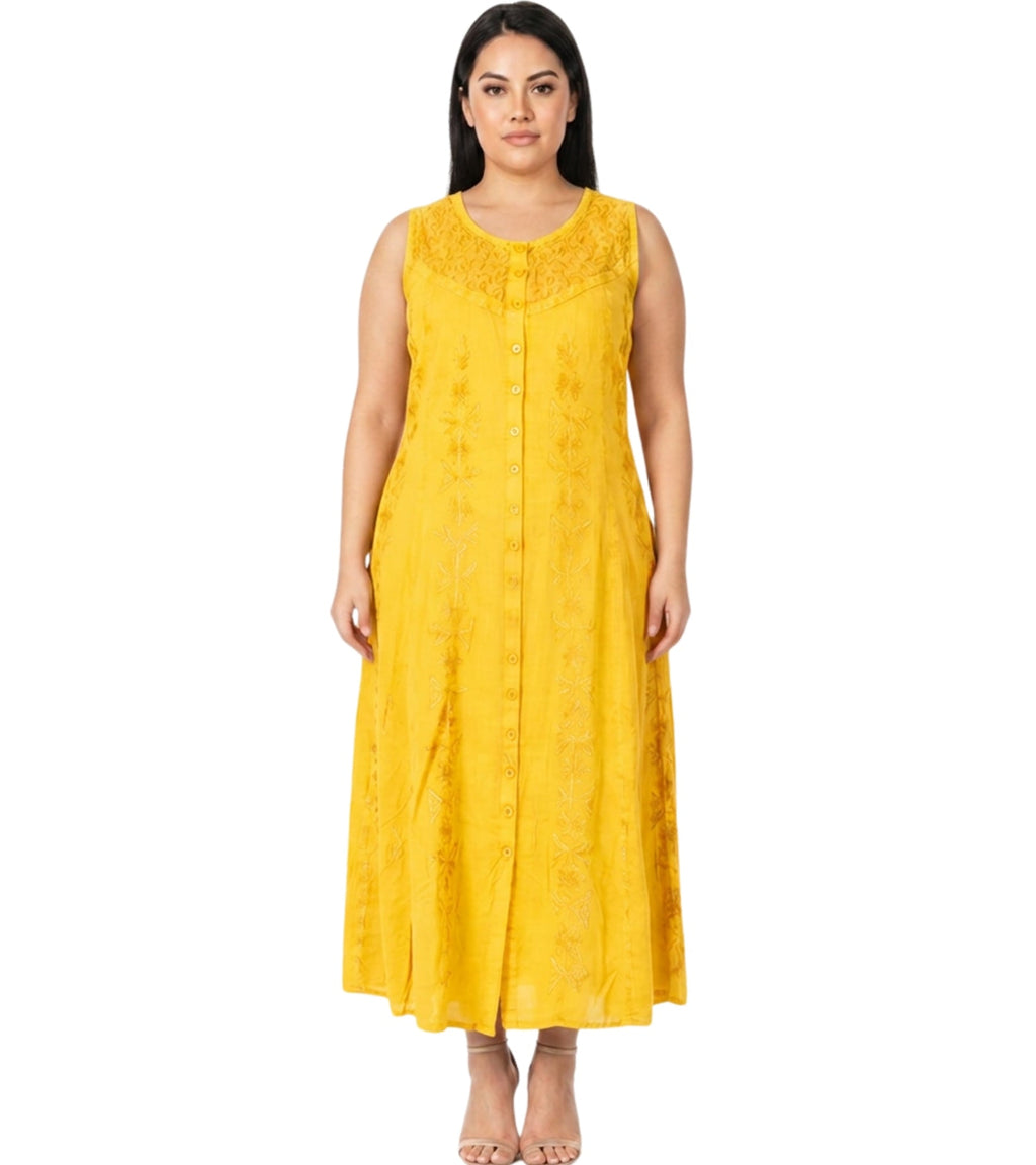 Sakkas Maya Floral Embroidered Sleeveless Button Up Rayon Dress