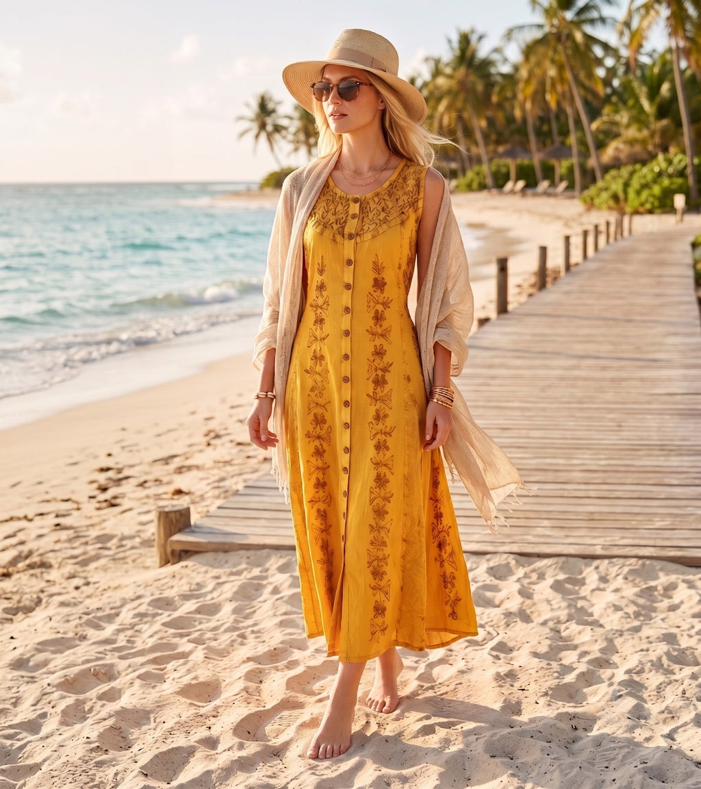 Sakkas Maya Floral Embroidered Sleeveless Button Up Rayon Dress