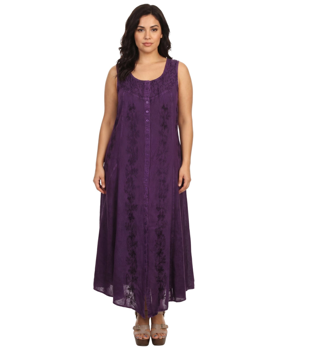 Sakkas Maya Floral Embroidered Sleeveless Button Up Rayon Dress