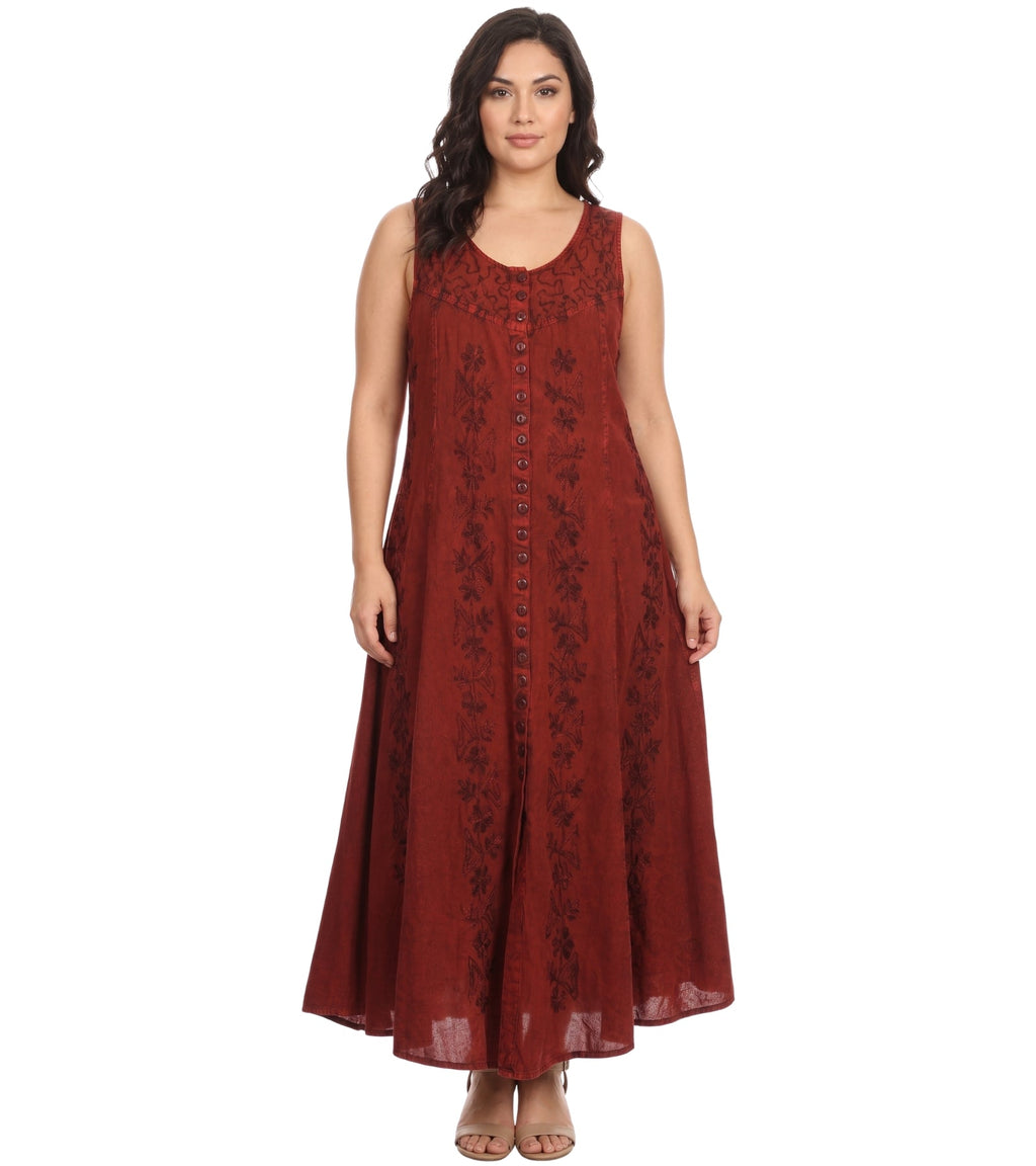 Sakkas Maya Floral Embroidered Sleeveless Button Up Rayon Dress