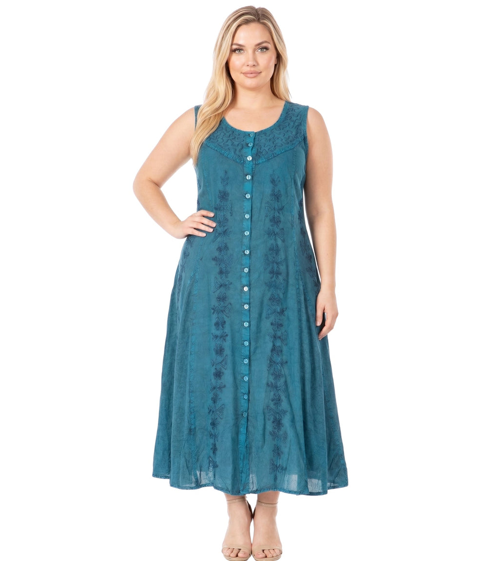 Sakkas Maya Floral Embroidered Sleeveless Button Up Rayon Dress