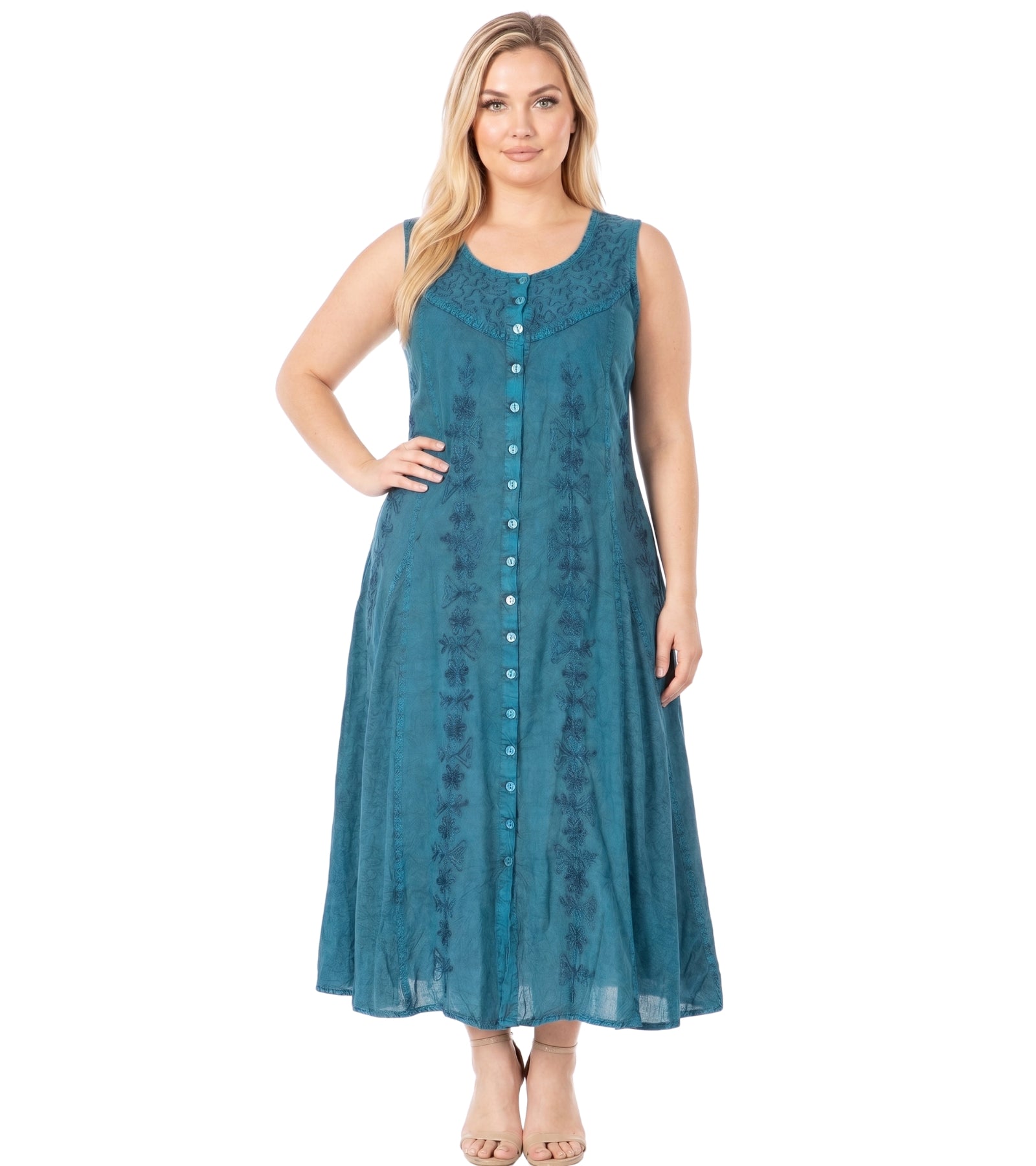 Sakkas Maya Floral Embroidered Sleeveless Button Up Rayon Dress
