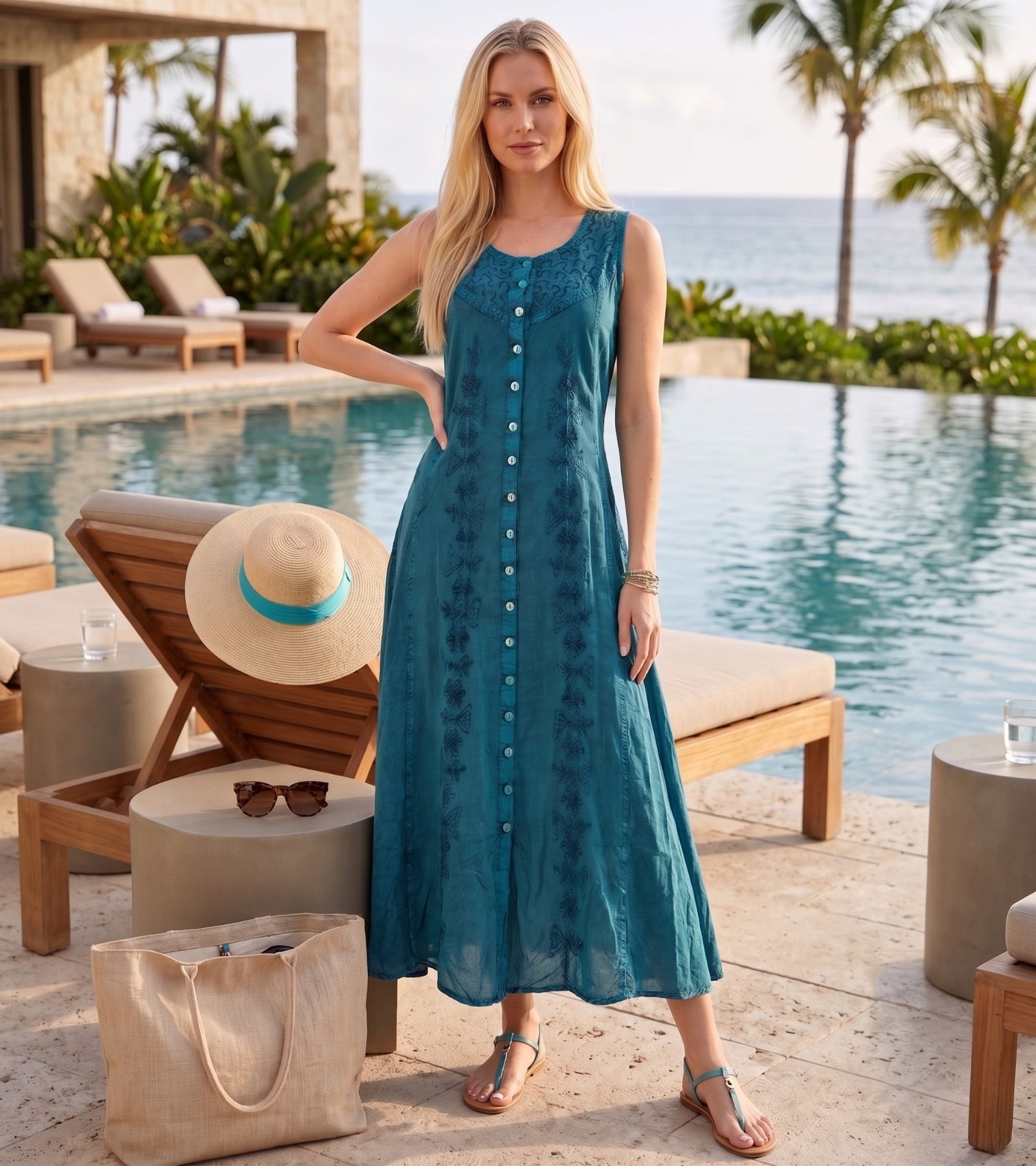 Sakkas Maya Floral Embroidered Sleeveless Button Up Rayon Dress