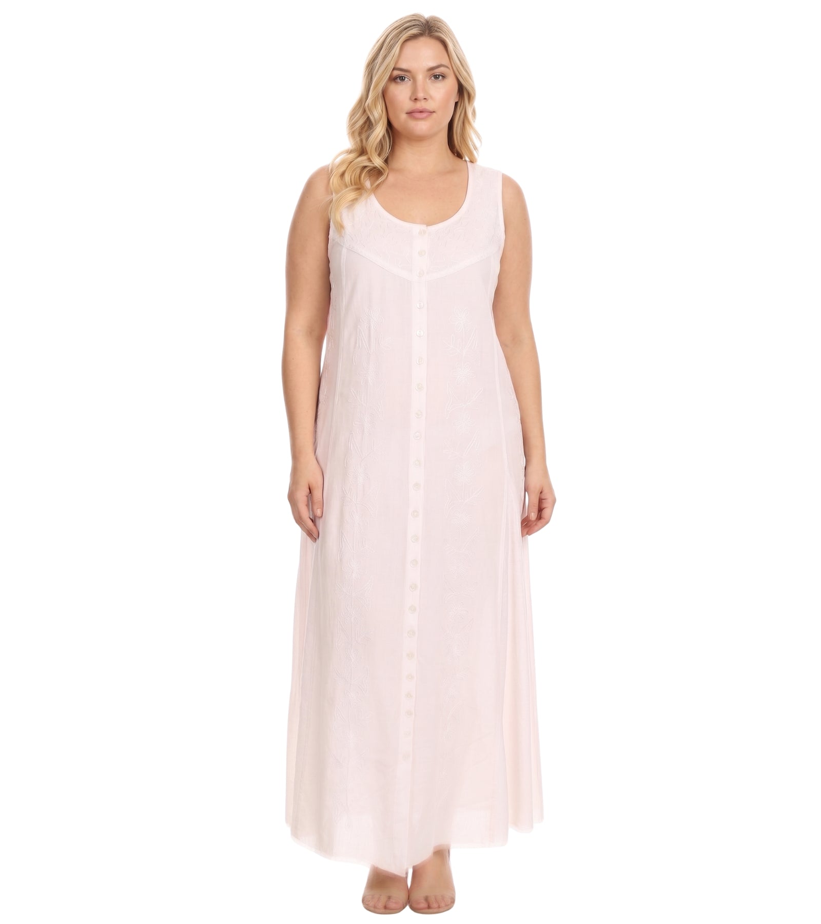 Sakkas Maya Floral Embroidered Sleeveless Button Up Rayon Dress