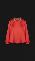 Vermillion Red Silk Blouse with Gold Collar Accent