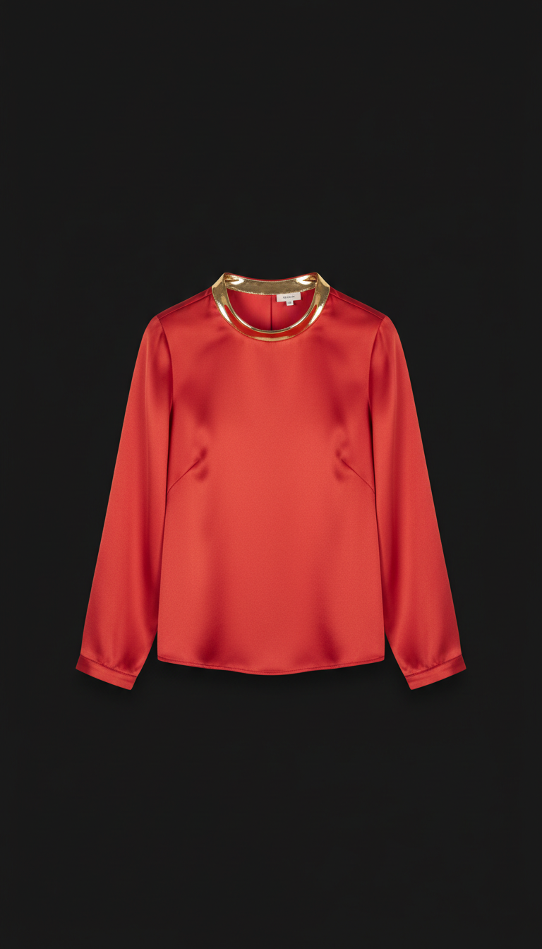 Vermillion Red Silk Blouse with Gold Collar Accent